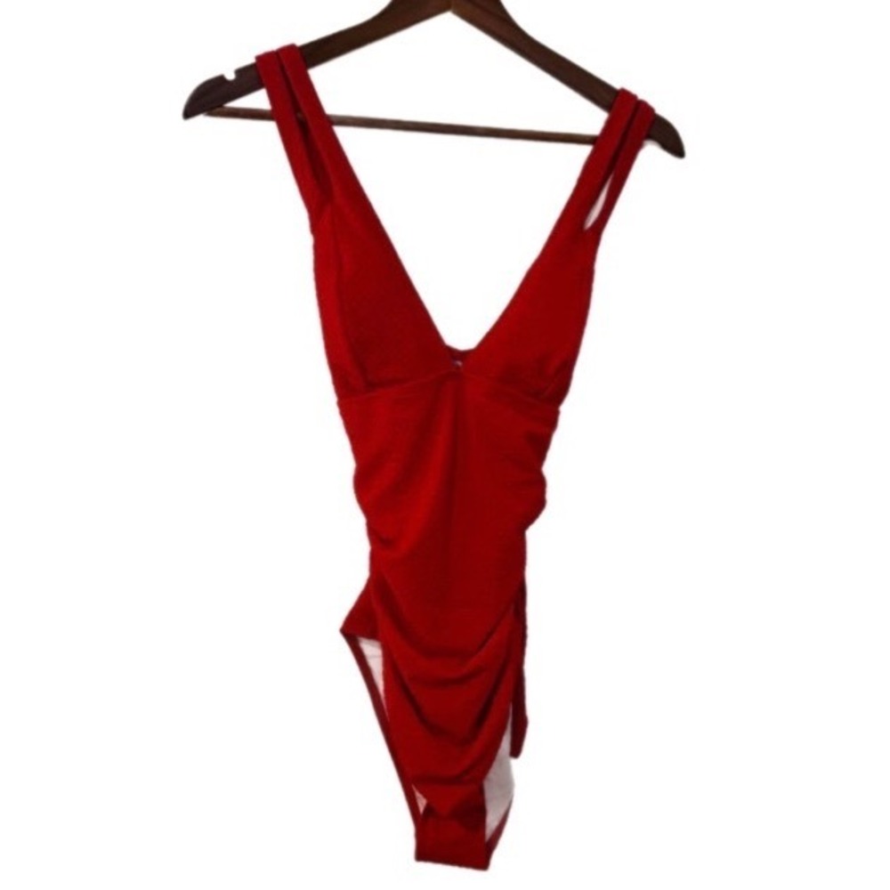 Cupshe One Piece Swimsuit Women M Red New Tummy Control Textured V-Neck CAA12E6